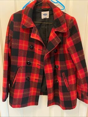 Old Navy Red and Black Plaid Peacoat Jacket